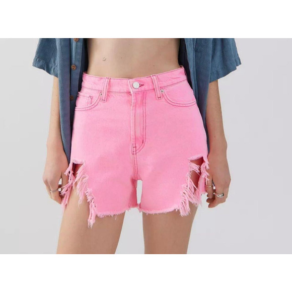 F Urban Outfitters UO BDG Neon Pink Distressed Chewed A Line Denim Shorts NWT 26 - Picture 7 of 7